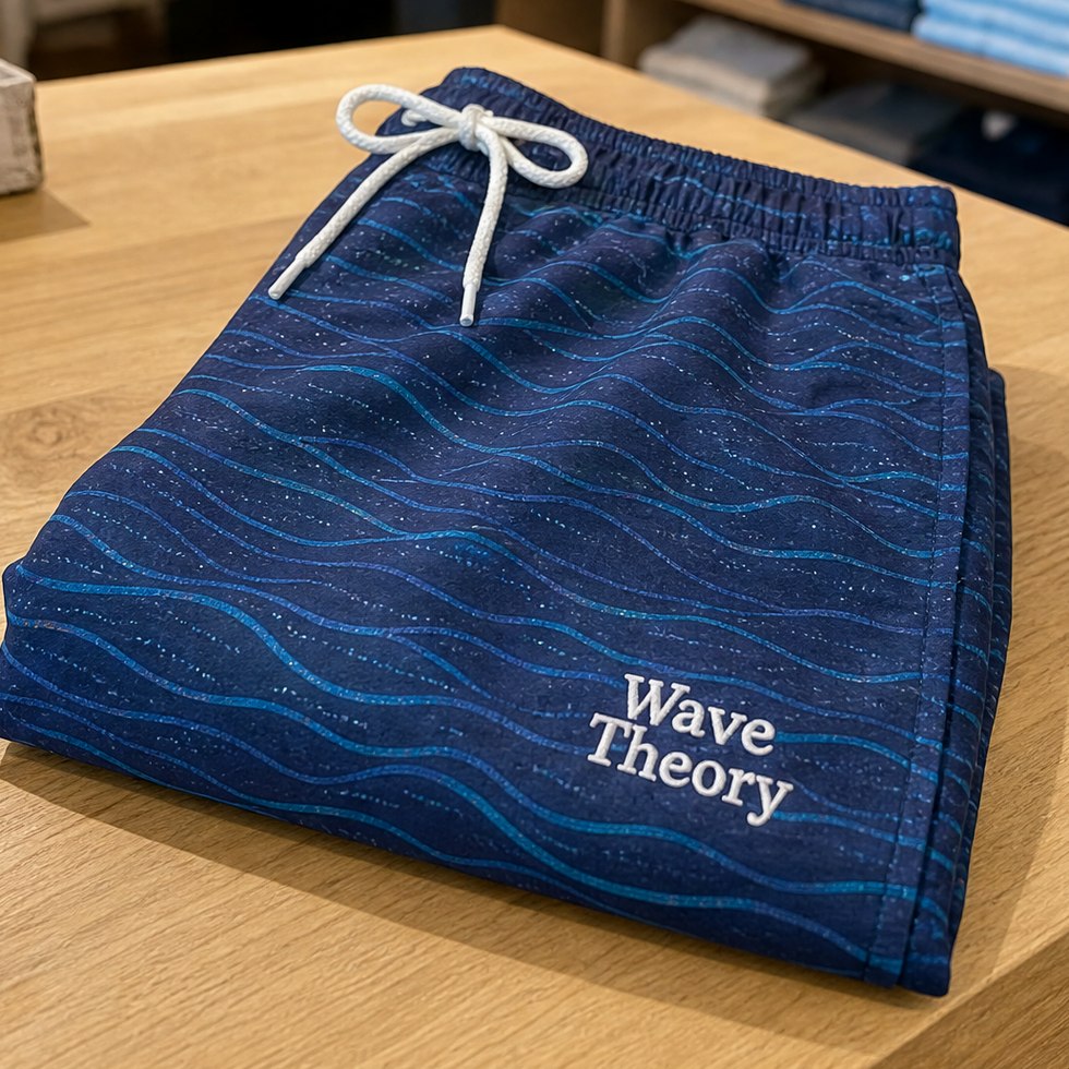 Branded swim trunks folded as retail merchandise