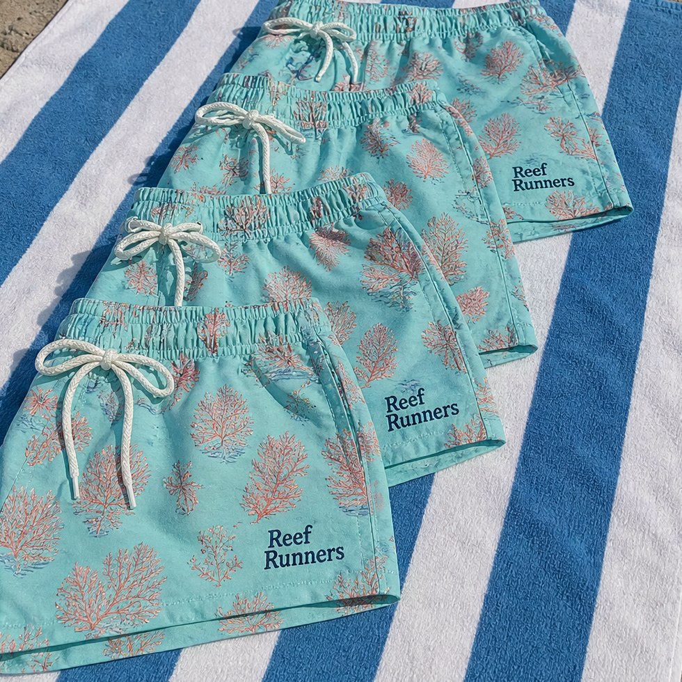 Matching custom swim trunks laid out for a group trip