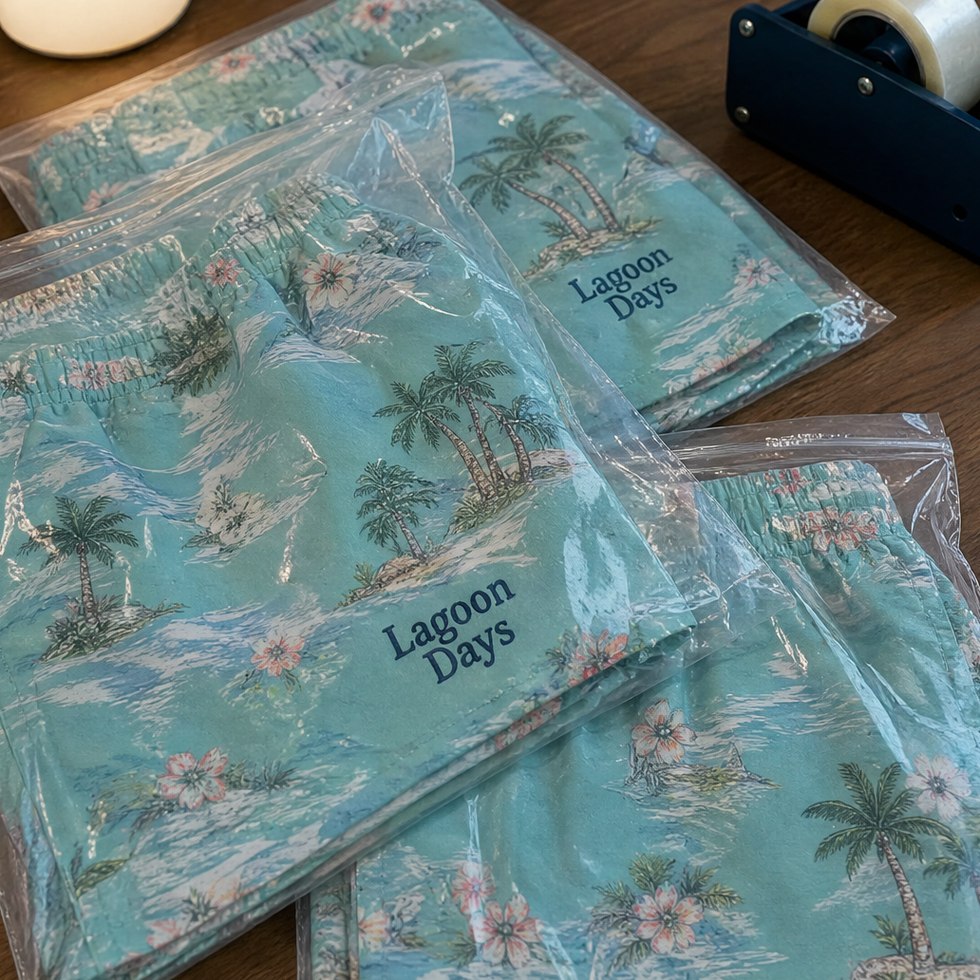 Custom swim trunks for a small business summer drop