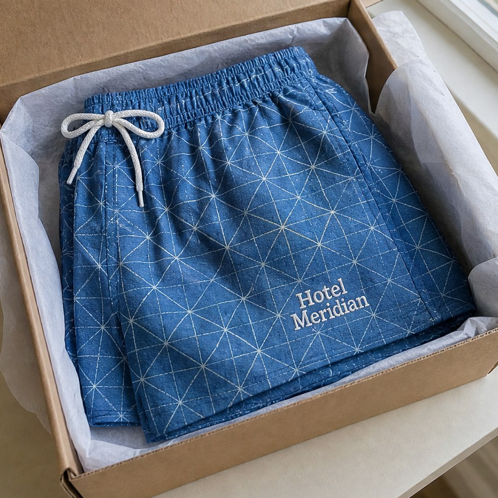 Wholesale printed swim trunks arriving in a delivery box
